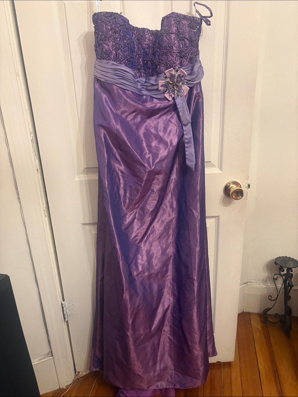 Cinderella Purple Strapless Satin Evening Gown with Embellished Waist